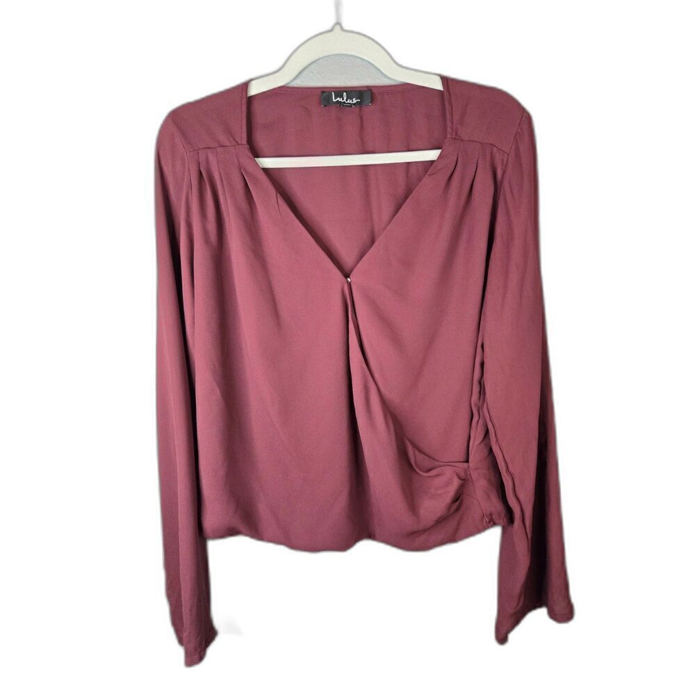 Lulus Women's Burgundy Long Sleeve Faux Wrap Blouse Size Small